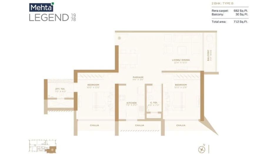 Mehta-LEGEND-1978-Floor-plan-2BHK-712 Sqft-Type B